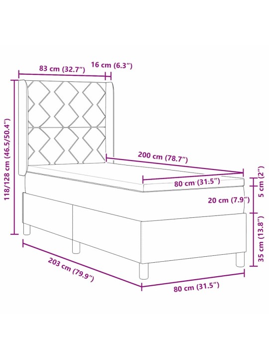 Kastītes atsperu gulta ar matraci krēmkrāsa 80 x 200 cm audums