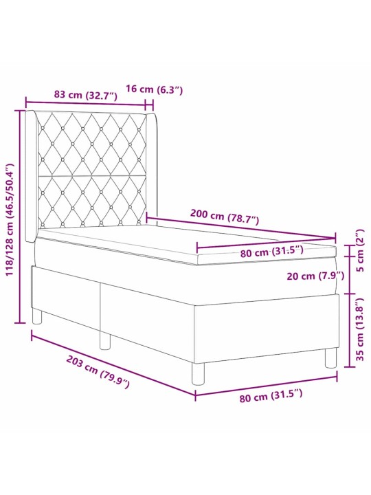 Kastītes atsperu gulta tumši pelēka 80 x 200 cm samts