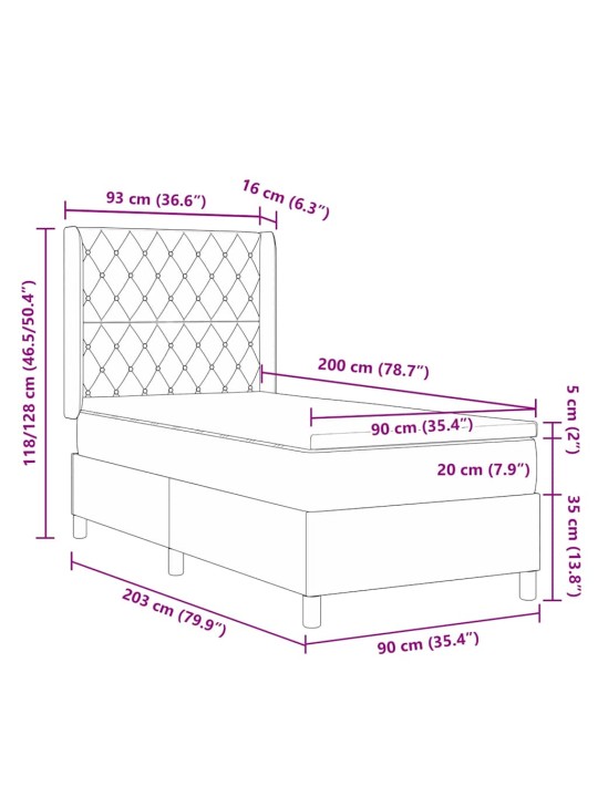 Kastītes atsperu gulta ar galvas klāju zila 90 x 200 cm samts