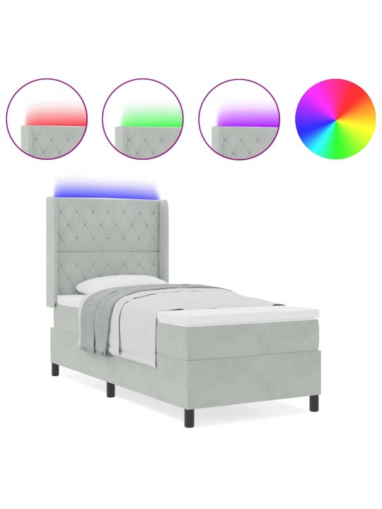 Led box spring gulta ar matraci gaiši pelēka 90 x 190 cm samts