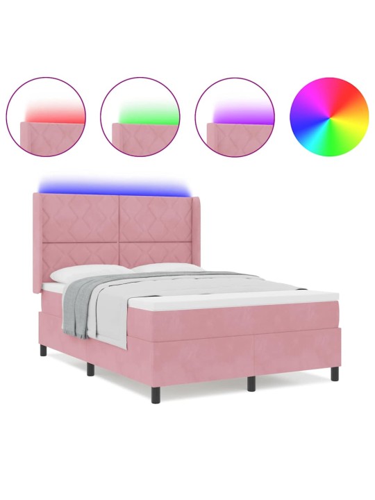 Led box spring gulta ar matraci manuāls rozā 140 x 190 cm samts