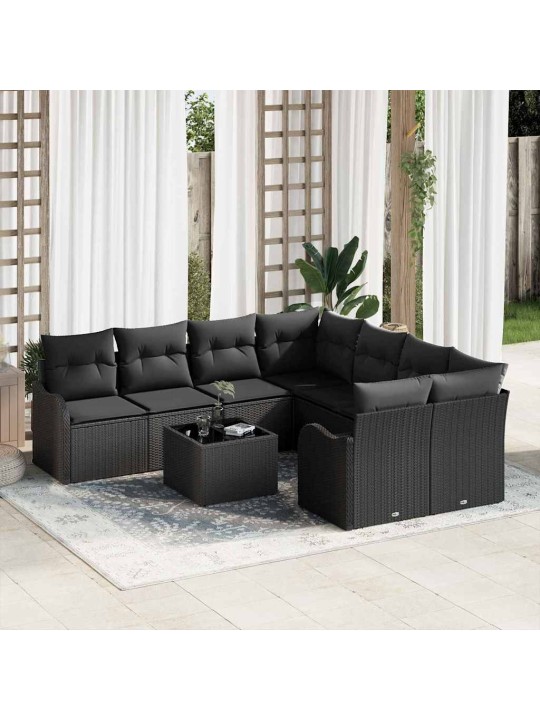 Dārza dīvānu komplekts ar spilvenu 9 pcs melna 55 x 55 x 37 cm