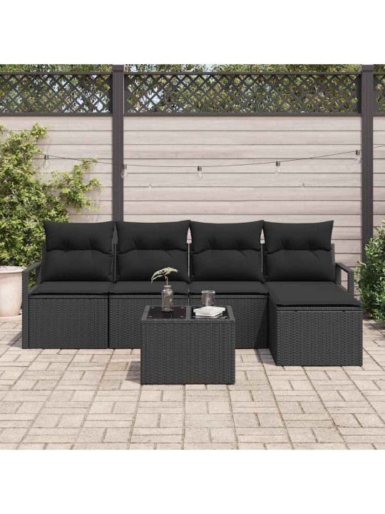 Dārza dīvānu komplekts ar spilvenu ar uzglabāšanu 6 pcs melna