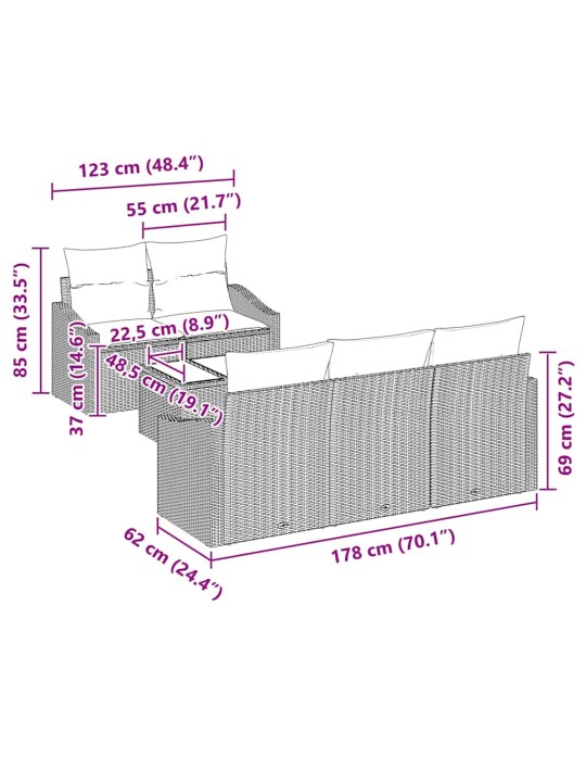 Dārza dīvānu komplekts ar spilvenu 6 pcs pelēka 55 x 55 x 37 cm