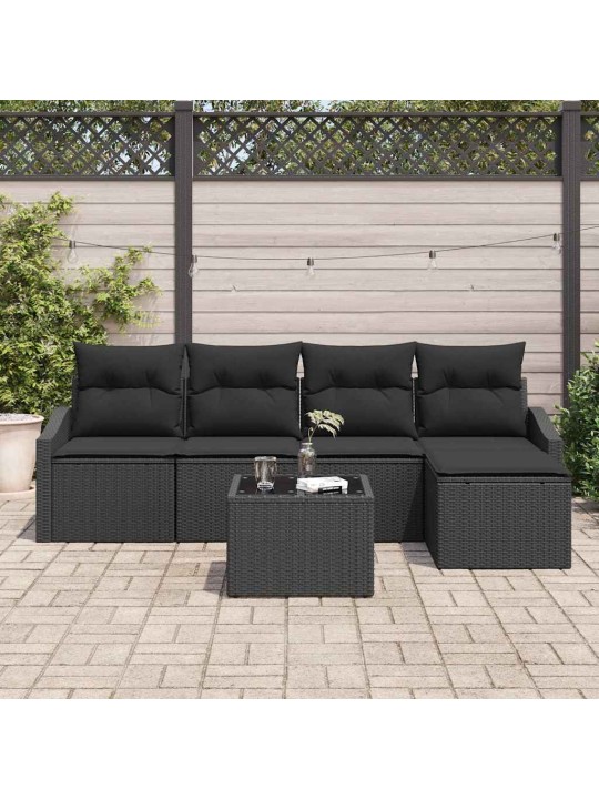 Dārza ēdamgalds 6 pcs melna poli rattan, pārklāts tērauds