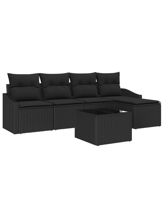 Dārza ēdamgalds 6 pcs melna poli rattan, pārklāts tērauds