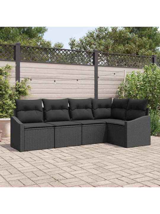 Dārza ēdamgalds 5 pcs melna poli rattan, pārklāts tērauds