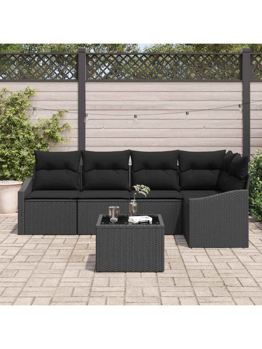 Dārza ēdamgalds 6 pcs melna poli rattan, pārklāts tērauds