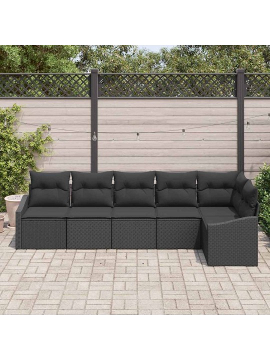 Dārza ēdamgalds 6 pcs melna poli rattan, pārklāts tērauds