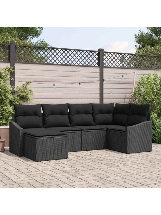 Dārza ēdamgalds 6 pcs melna poli rattan, pārklāts tērauds