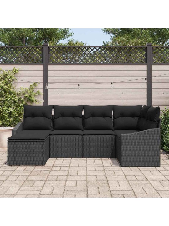 Dārza ēdamgalds 6 pcs melna poli rattan, pārklāts tērauds