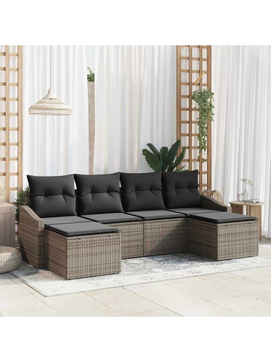 Dārza ēdamgalds 6 pcs pelēka poli rattan, pārklāts tērauds