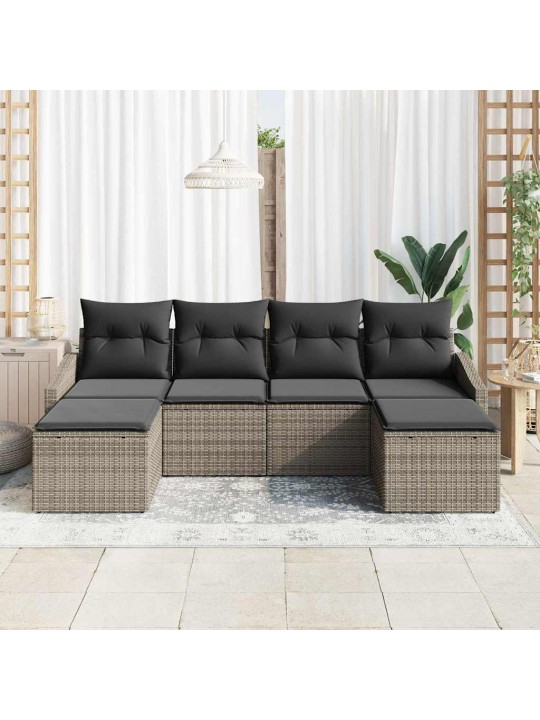 Dārza ēdamgalds 6 pcs pelēka poli rattan, pārklāts tērauds