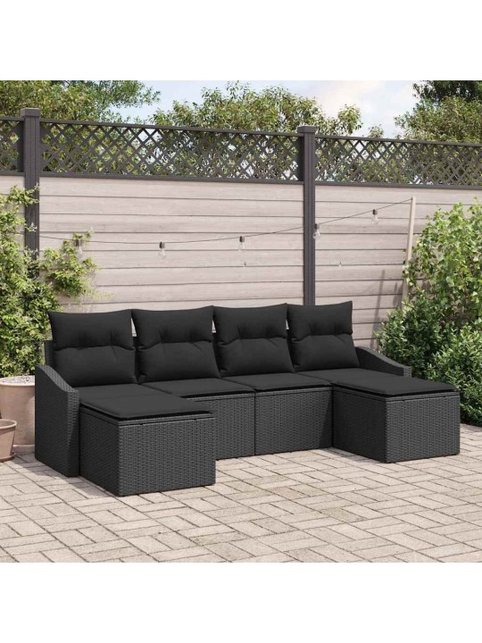 Dārza ēdamgalds 6 pcs melna poli rattan, pārklāts tērauds