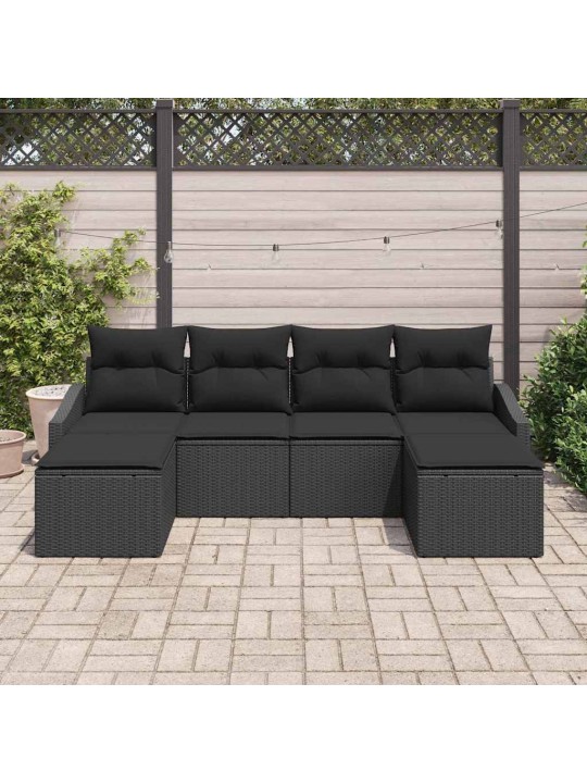 Dārza ēdamgalds 6 pcs melna poli rattan, pārklāts tērauds