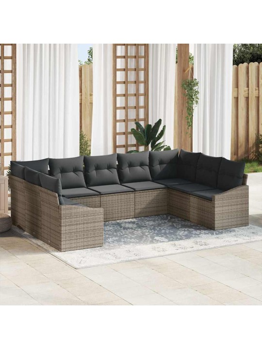 Dārza ēdamgalds 9 pcs pelēka poli rattan, pārklāts tērauds