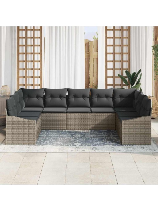 Dārza ēdamgalds 9 pcs pelēka poli rattan, pārklāts tērauds