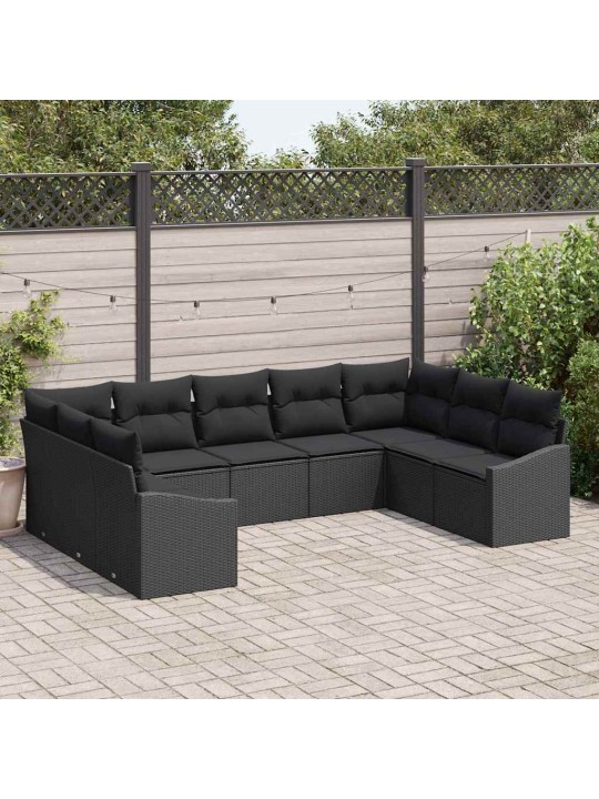 Dārza ēdamgalds 9 pcs melna poli rattan, pārklāts tērauds