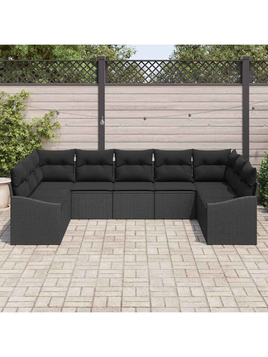 Dārza ēdamgalds 9 pcs melna poli rattan, pārklāts tērauds