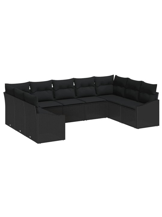Dārza ēdamgalds 9 pcs melna poli rattan, pārklāts tērauds
