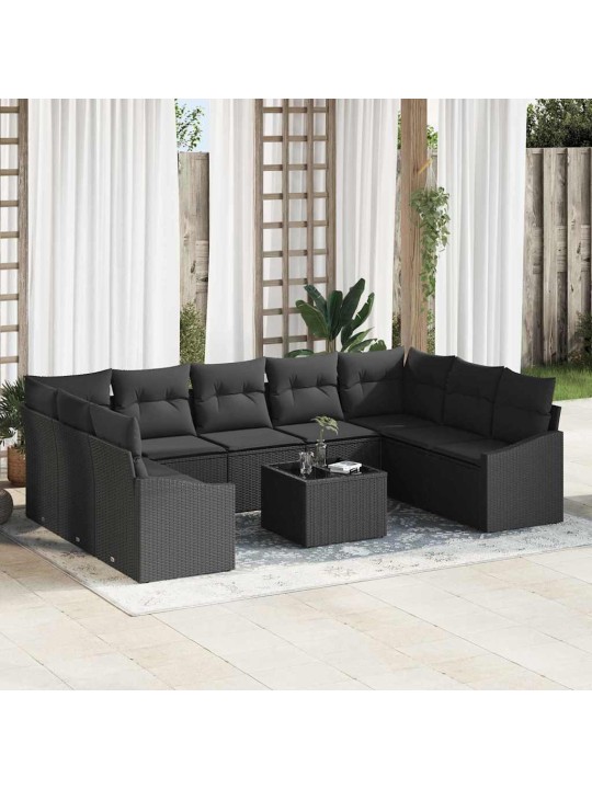 Dārza ēdamgalds 10 pcs melna poli rattan, pārklāts tērauds