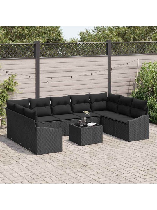Dārza ēdamgalds 10 pcs melna poli rattan, pārklāts tērauds