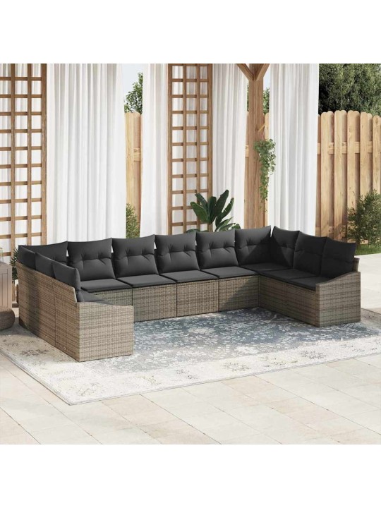 Dārza ēdamgalds 10 pcs pelēka poli rattan, pārklāts tērauds