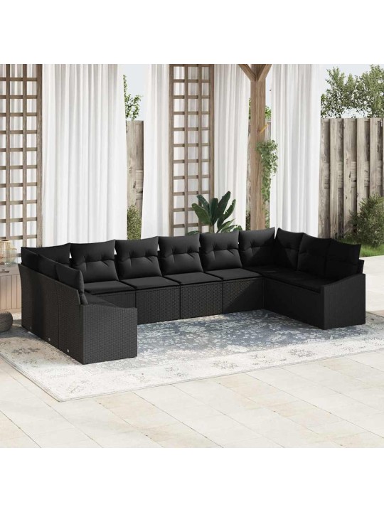 Dārza ēdamgalds 10 pcs melna poli rattan, pārklāts tērauds