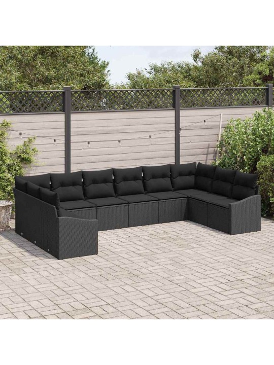 Dārza ēdamgalds 10 pcs melna poli rattan, pārklāts tērauds