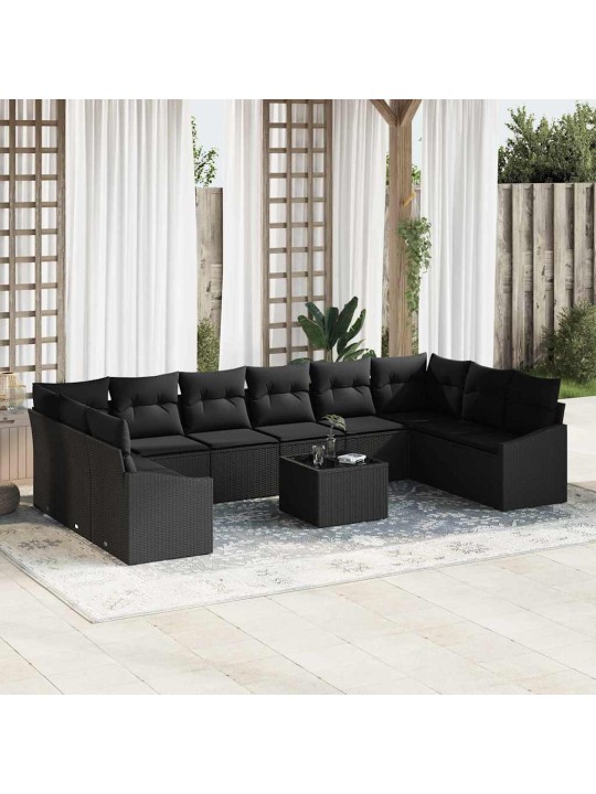 Dārza ēdamgalds 11 pcs melna poli rattan, pārklāts tērauds