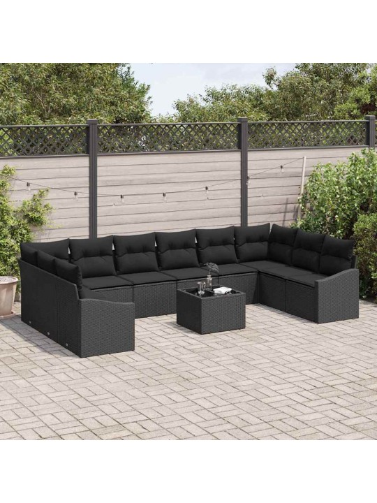 Dārza ēdamgalds 11 pcs melna poli rattan, pārklāts tērauds