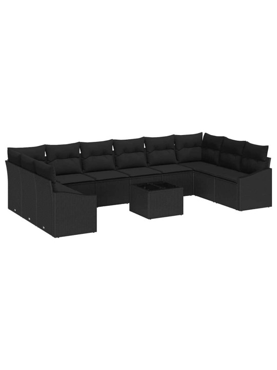 Dārza ēdamgalds 11 pcs melna poli rattan, pārklāts tērauds