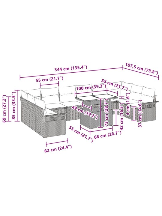 Dārza dīvānu komplekts ar spilvenu 11 pcs bēša 100 x 55 x 73 cm