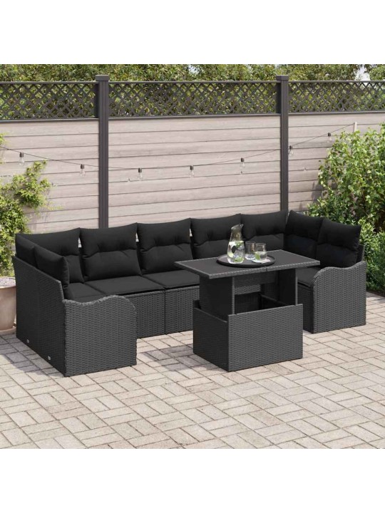 Dārza dīvānu komplekts ar spilvenu 8 pcs melna 100 x 55 x 73 cm