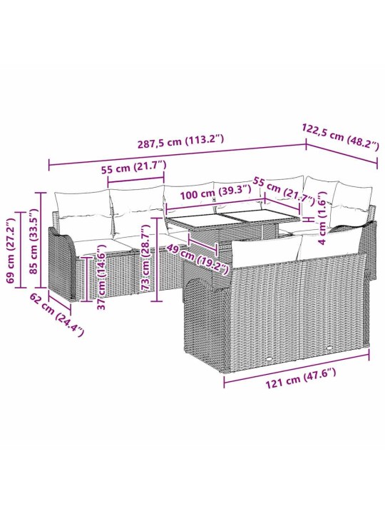 Dārza dīvānu komplekts ar spilvenu 9 pcs brūna 100 x 55 x 73 cm