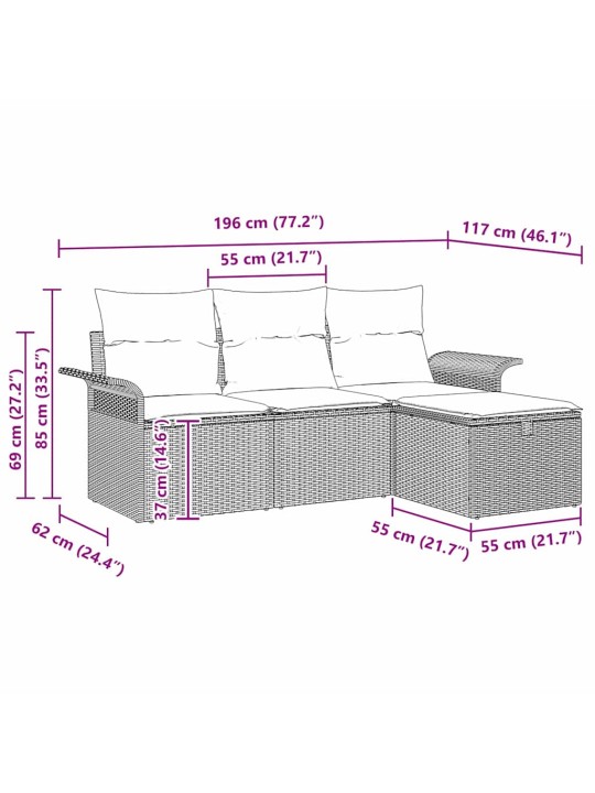 Dārza dīvānu komplekts ar spilvenu 4 pcs melna un krēmkrāsas