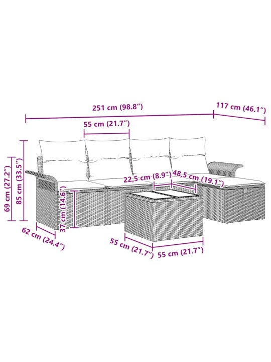 Dārza dīvānu komplekts 6 pcs gaiši pelēka 251 x 117 x 85 cm