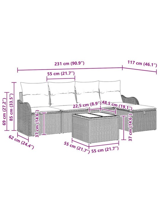 Dārza dīvānu komplekts 6 pcs pelēka 231 x 117 x 85 cm