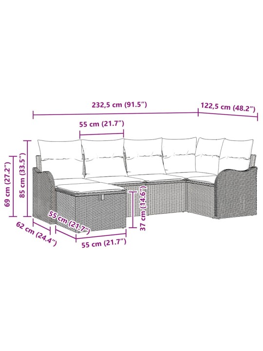 Dārza dīvānu komplekts 6 pcs pelēka 232.5 x 122.5 x 85 cm