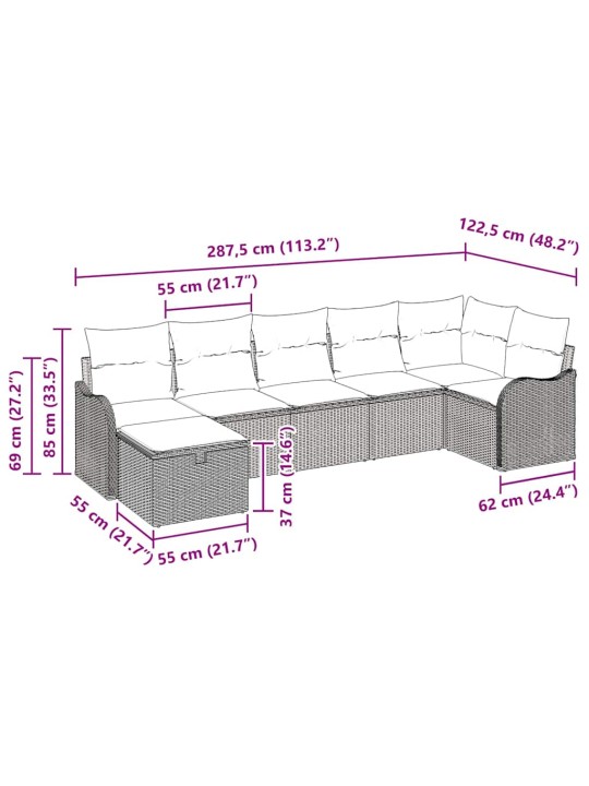 Dārza dīvānu komplekts 7 pcs pelēka 287.5 x 122.5 x 85 cm