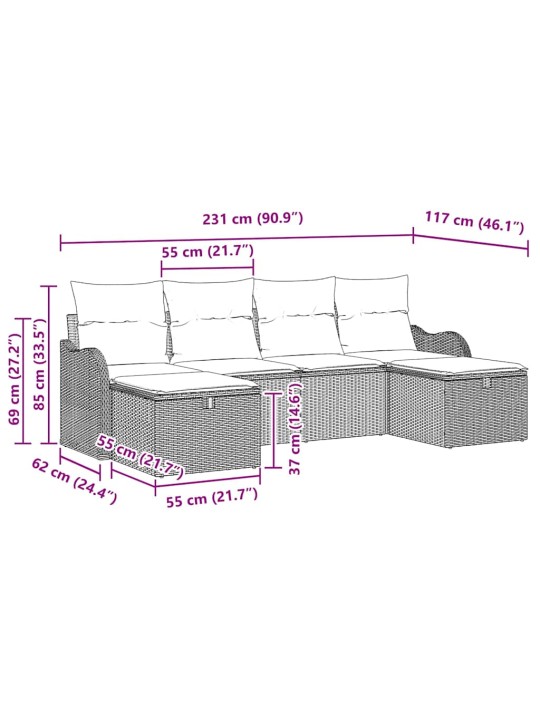 Dārza dīvānu komplekts ar spilvenu 6 pcs melna un krēmkrāsas