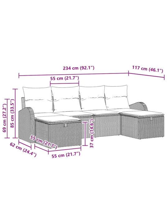 Dārza dīvānu komplekts ar spilvenu 6 pcs brūna un krēmkrāsas