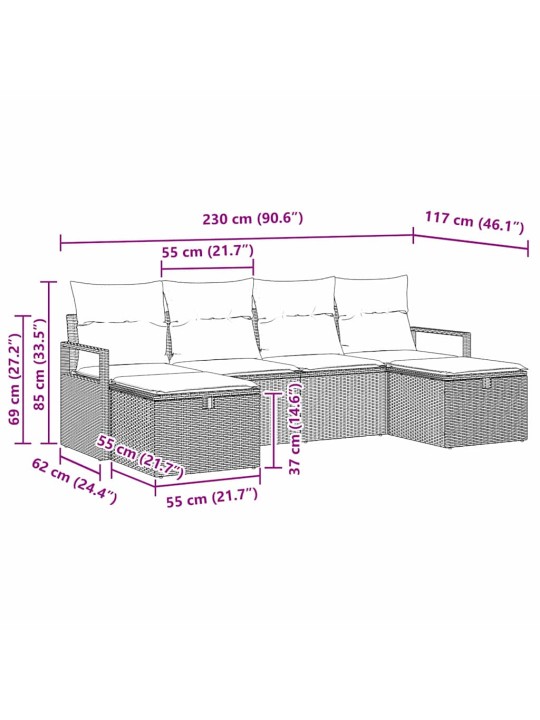 Dārza dīvānu komplekts ar spilvenu 6 pcs brūna un krēmkrāsas