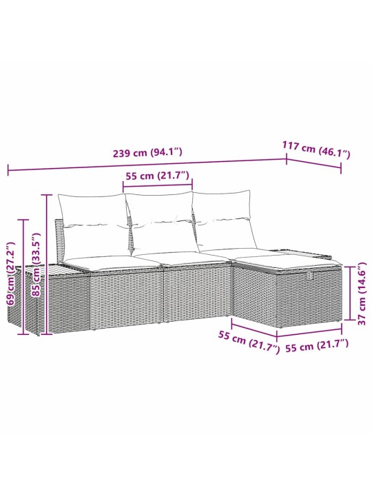 Dārza dīvānu komplekts 4 pcs pelēka poliūtu rotangpalma