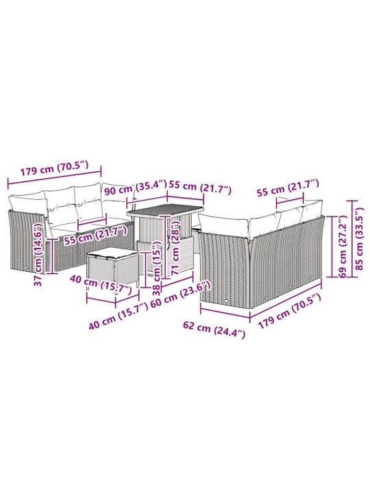 Dārza dīvānu komplekts 9 pcs melna poliratāns