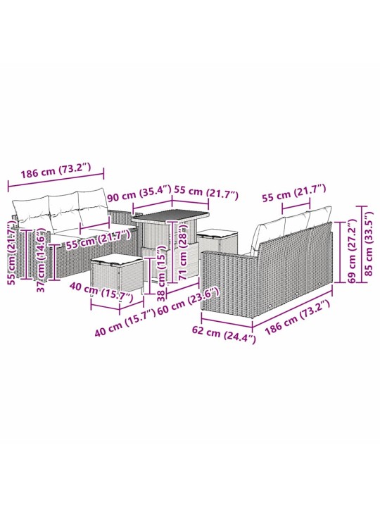 Dārza dīvānu komplekts 9 pcs melna poliratāns
