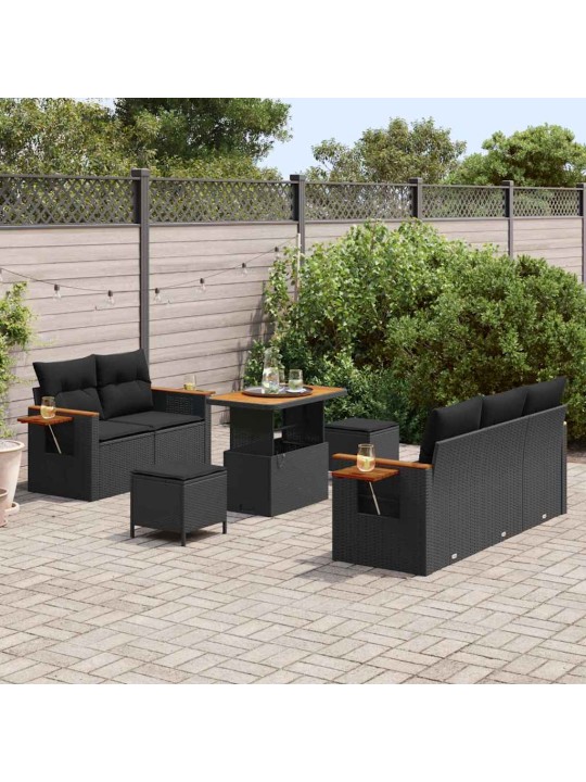 Dārza dīvānu komplekts ar spilvenu 8 pcs melna 90 x 55 x 71 cm