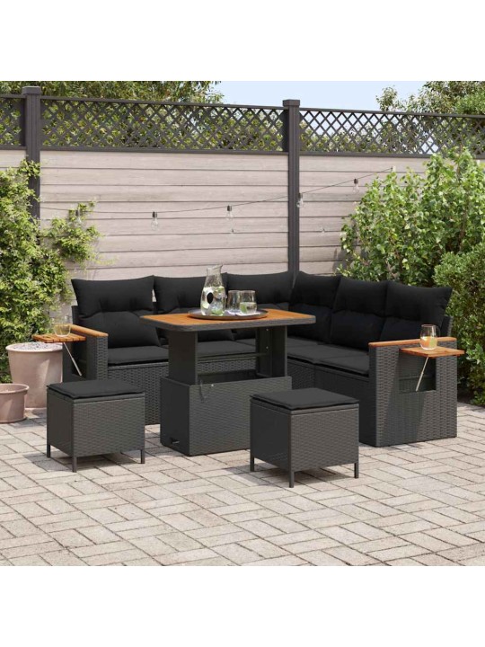 Dārza dīvānu komplekts ar spilvenu 8 pcs melna 90 x 55 x 71 cm