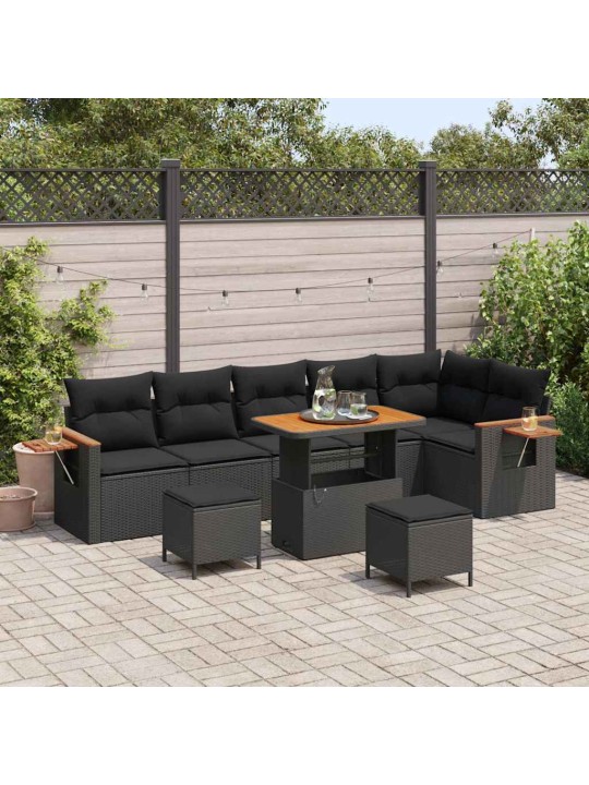 Dārza dīvānu komplekts ar spilvenu 9 pcs melna 90 x 55 x 71 cm