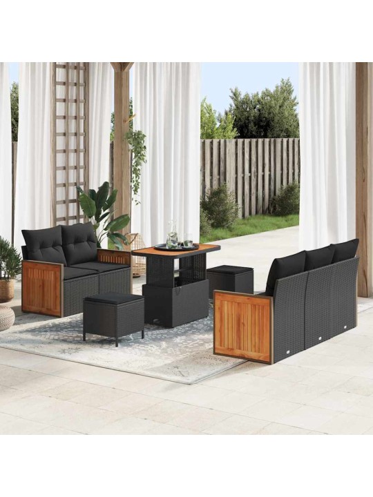 Dārza dīvānu komplekts ar spilvenu 8 pcs melna 90 x 55 x 71 cm